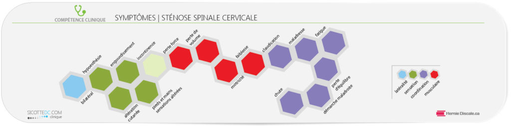La liste des symptômes de la sténose spinale cervicale accompagnée de myélopathie.